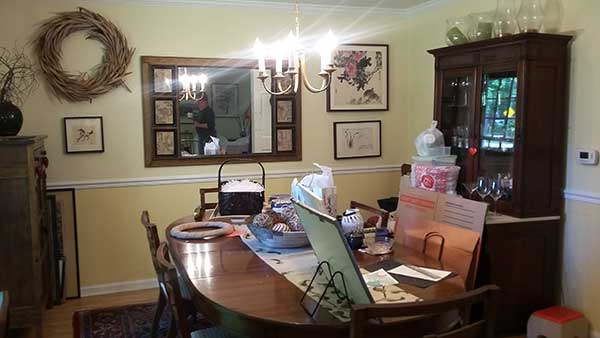 cluttered dining room