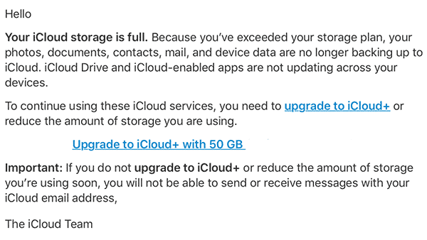 iCloud warning message