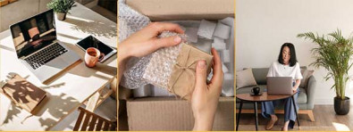 collage of desktop, wrapped present, and woman working on laptop