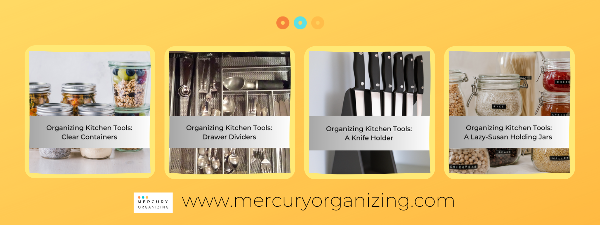 Four photos in a row of Kitchen Tools: Clear jars, drawer dividers, knife holder, lazy-susan holding jars