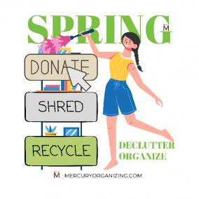 Illustration of you woman dusting off shelves.Graphics say Donate, Shred, Recycle